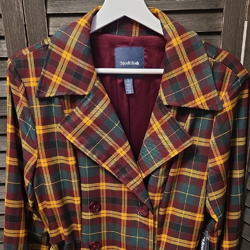 ModCloth Plaid Double-Breasted Trench Coat in Maroon, Mustard, Green**Women's - Picture 2 of 4